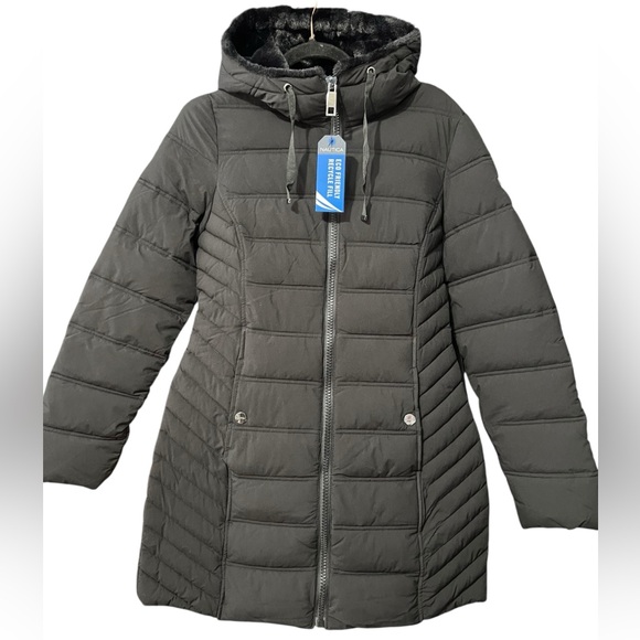 Nautica Faux Fur Accent Hooded Puffer Coat in Black - Picture 4 of 6